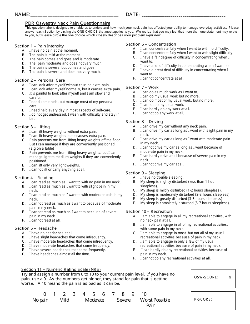 Pdr Oswestry Neck Pain Questionnaire Template Fill Out Sign Online