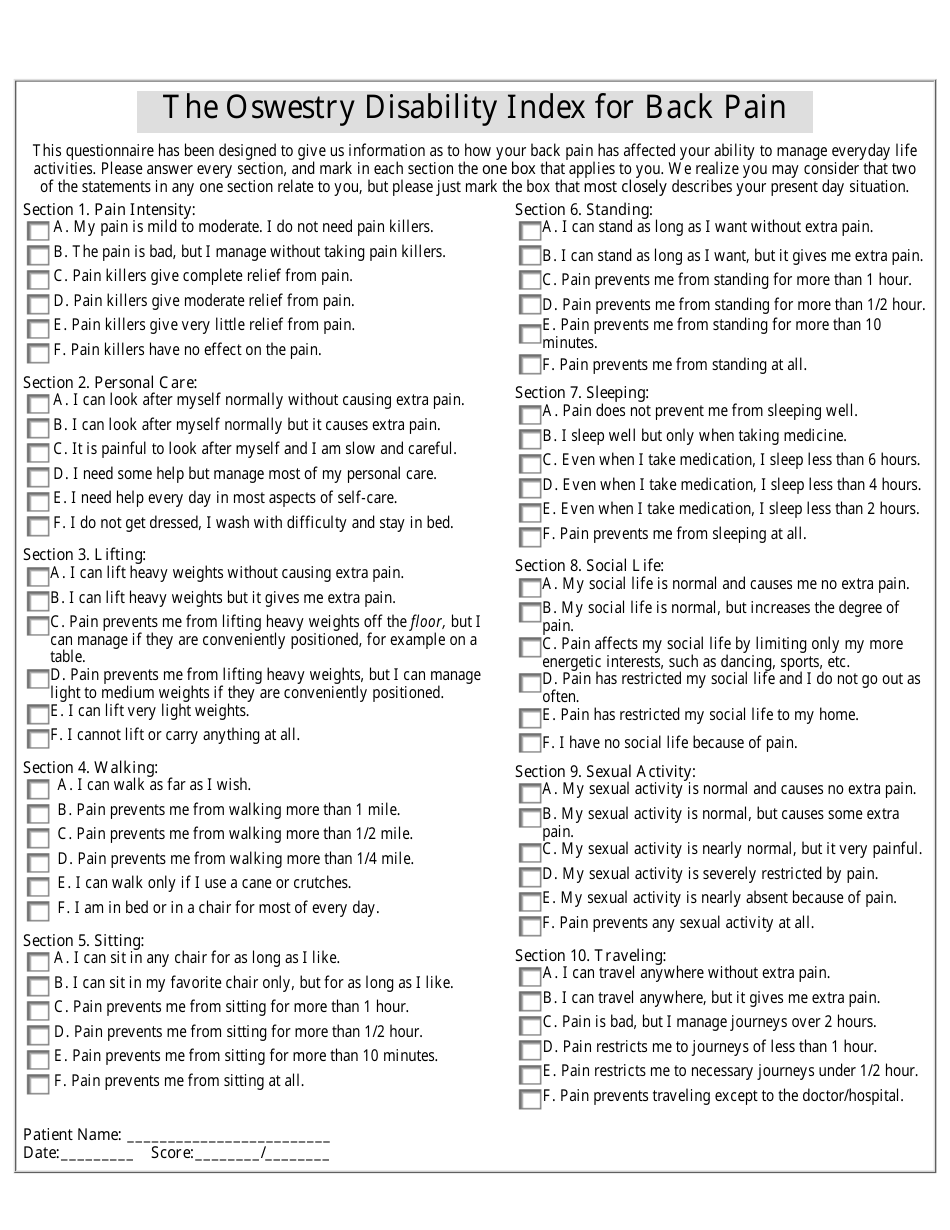 The Oswestry Disability Index for Back Pain - Whiplash and Oswestry Questionnaire Form, Page 1