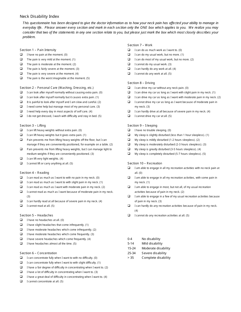 Oswestry Disability Index Questionnaire Form Download Printable Pdf