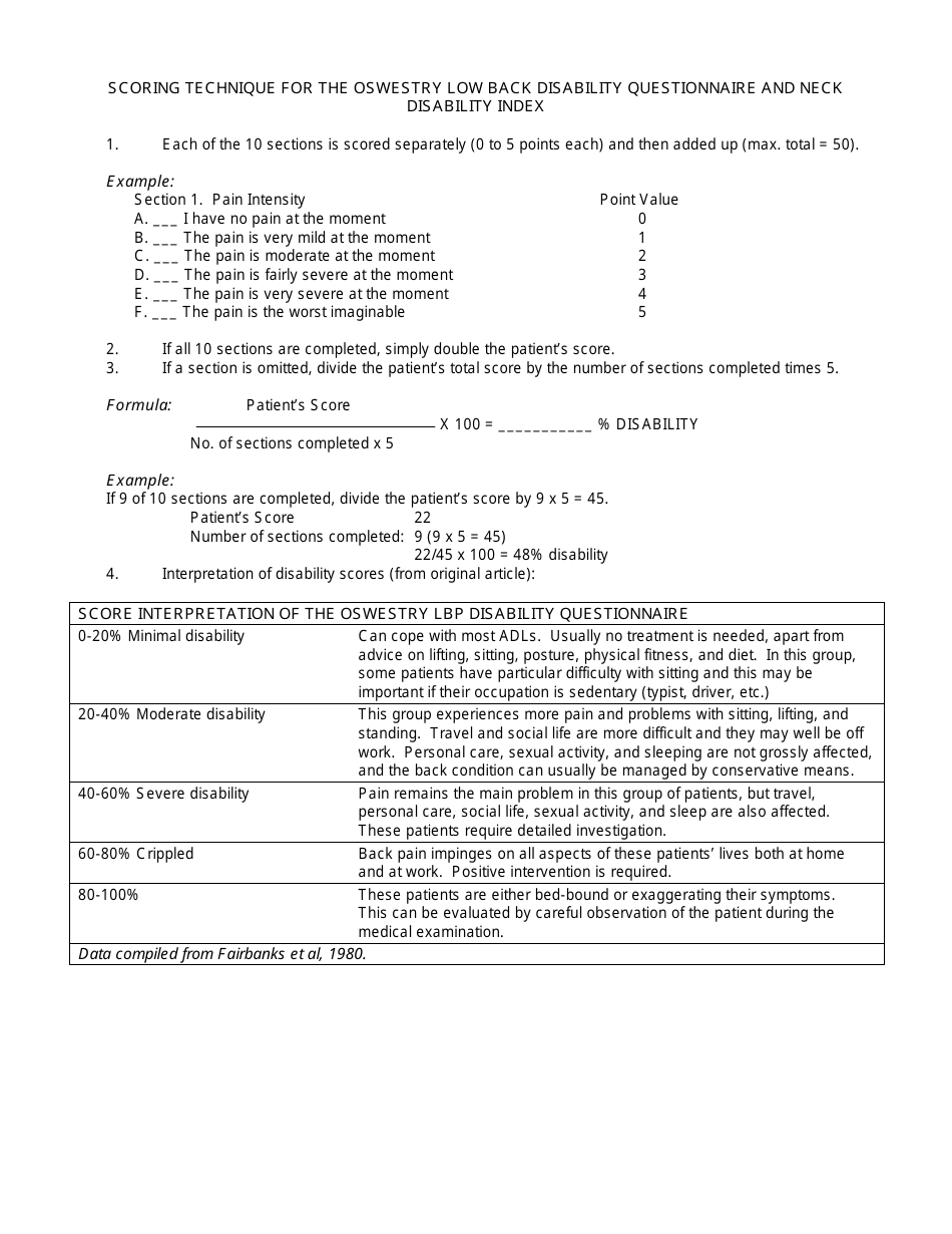 Oswestry Disability Index Questionnaire Form, Page 4