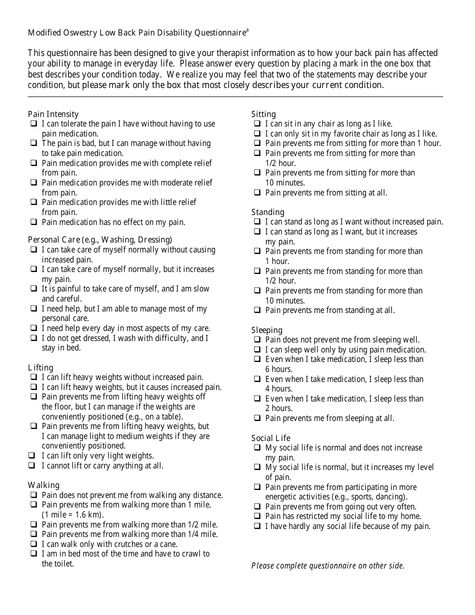 Modified Oswestry Low Back Pain Disability Questionnaire Form, Page 1