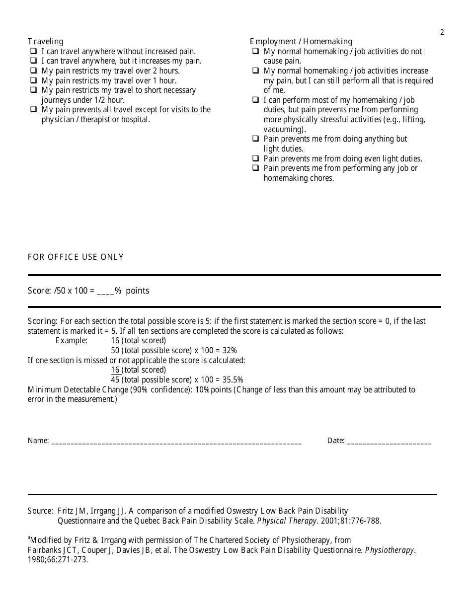 Modified Oswestry Low Back Pain Disability Questionnaire Form Fill