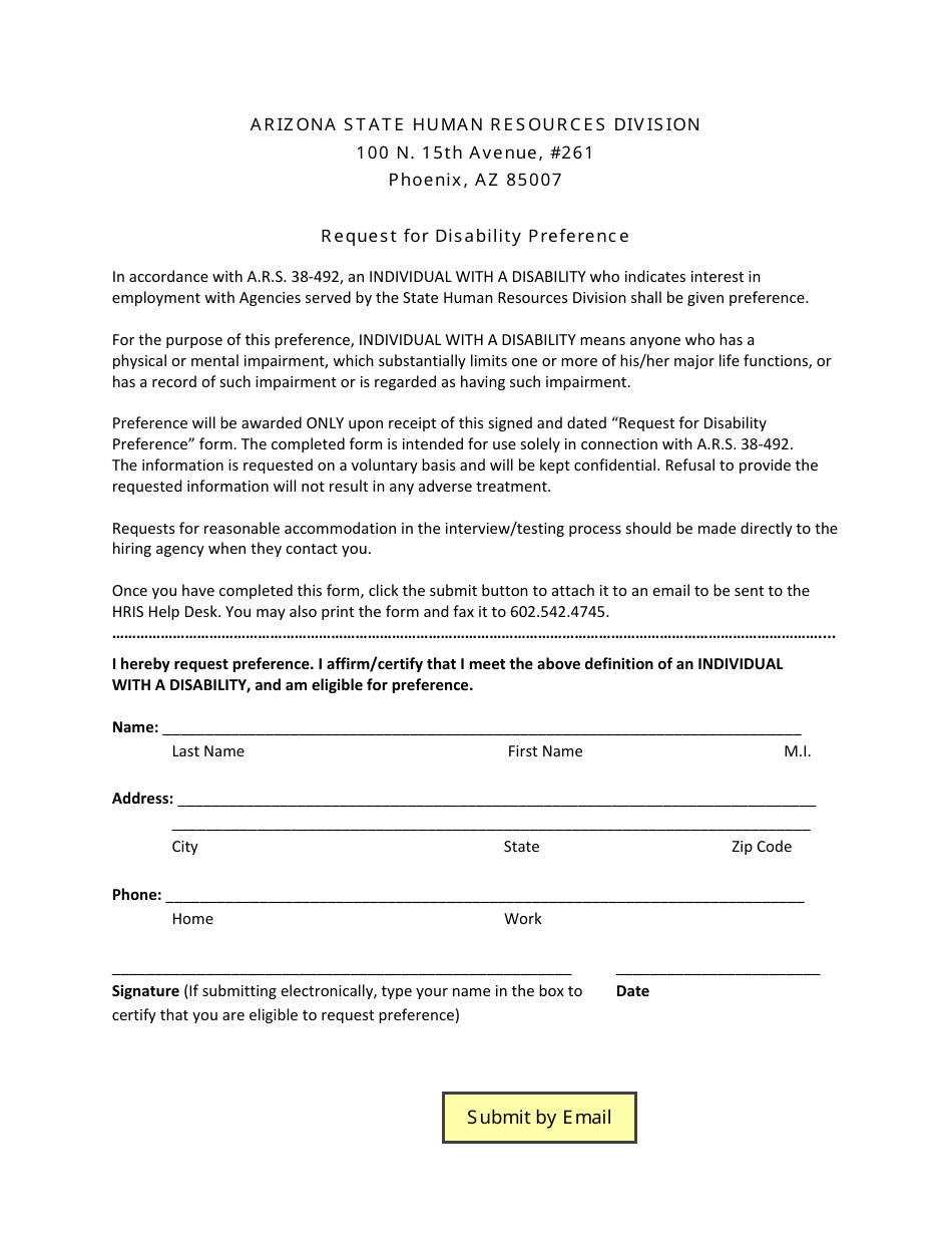 Request for Disability Preference Form - Arizona, Page 1