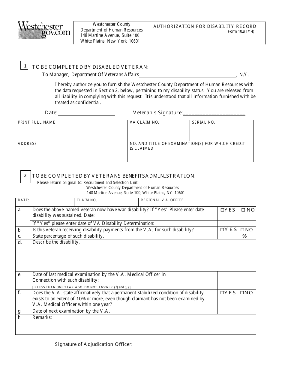 Form 102 Authorization for Disability Record (Disabled Veteran) - Westchester County, New York, Page 1