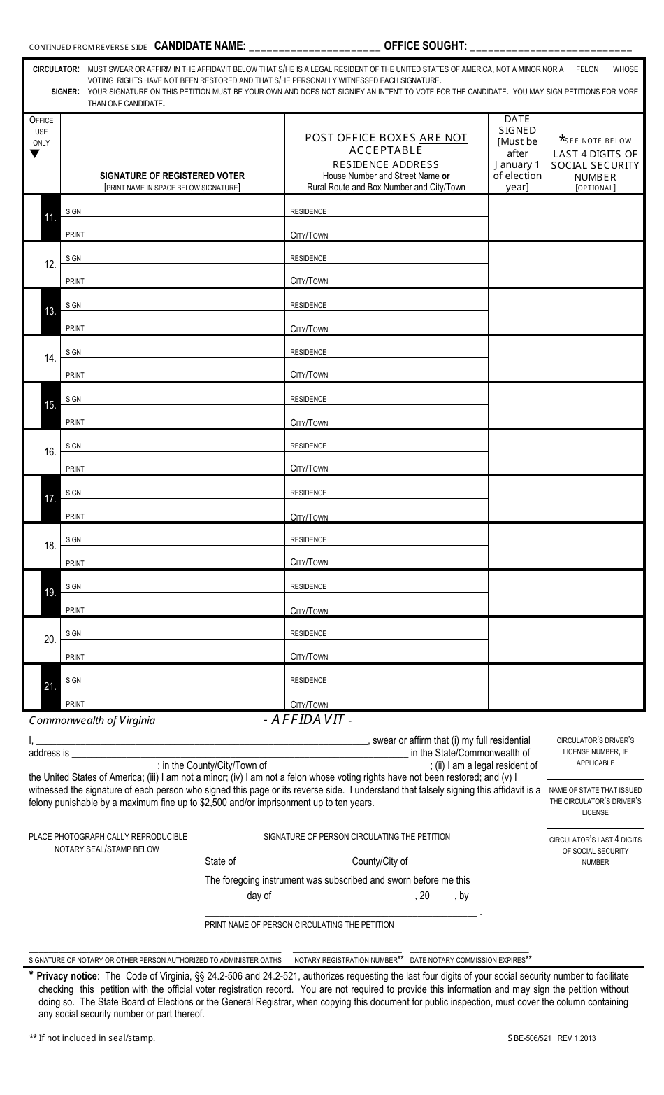 Form SBE-506 / 521 Petition of Qualified Voters - Virginia, Page 3