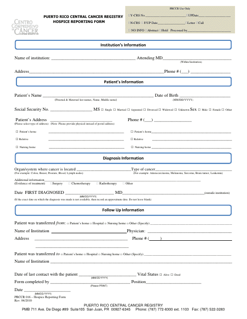 &quot;Hospice Reporting Form - Puerto Rico Central Cancer Registry&quot; Download Pdf