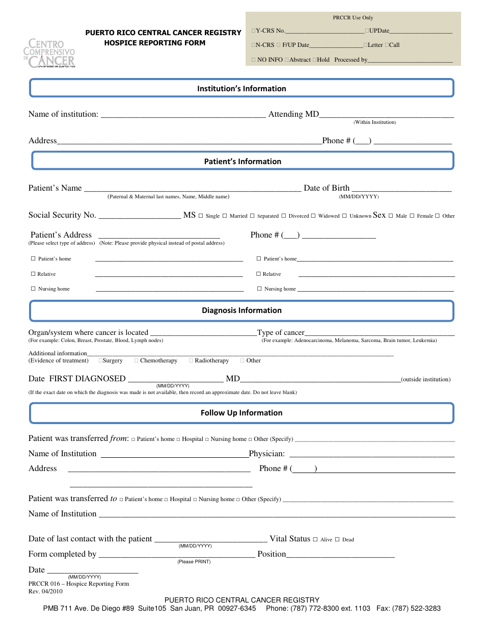 Hospice Reporting Form - Puerto Rico Central Cancer Registry, Page 1