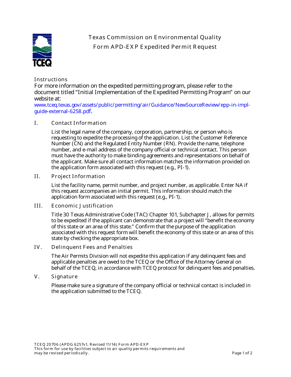 Form apd-exp Expedited Permitting Request - Texas, Page 1