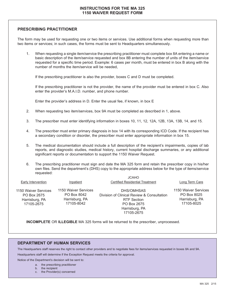 Form MA325 1150 Administrative Waiver Request Form - Pennsylvania, Page 2