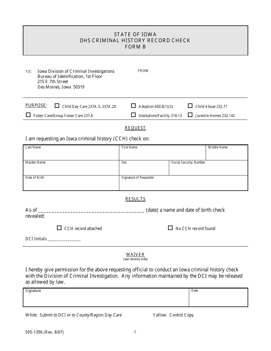 Form 595-1396 DHS Criminal History Record Check - Form B - Iowa, Page 1