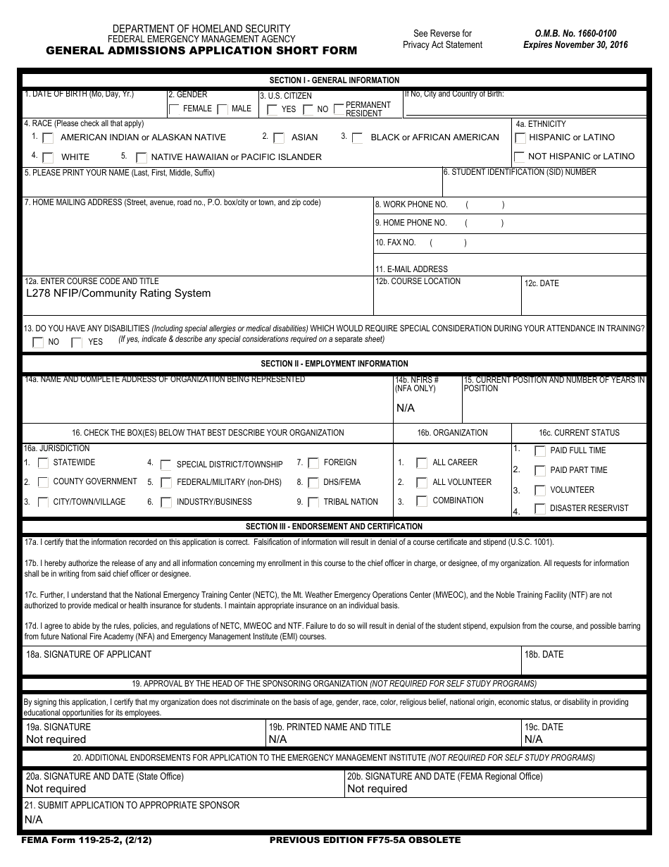 FEMA Form 119-25-2 General Admissions Application Short Form, Page 1