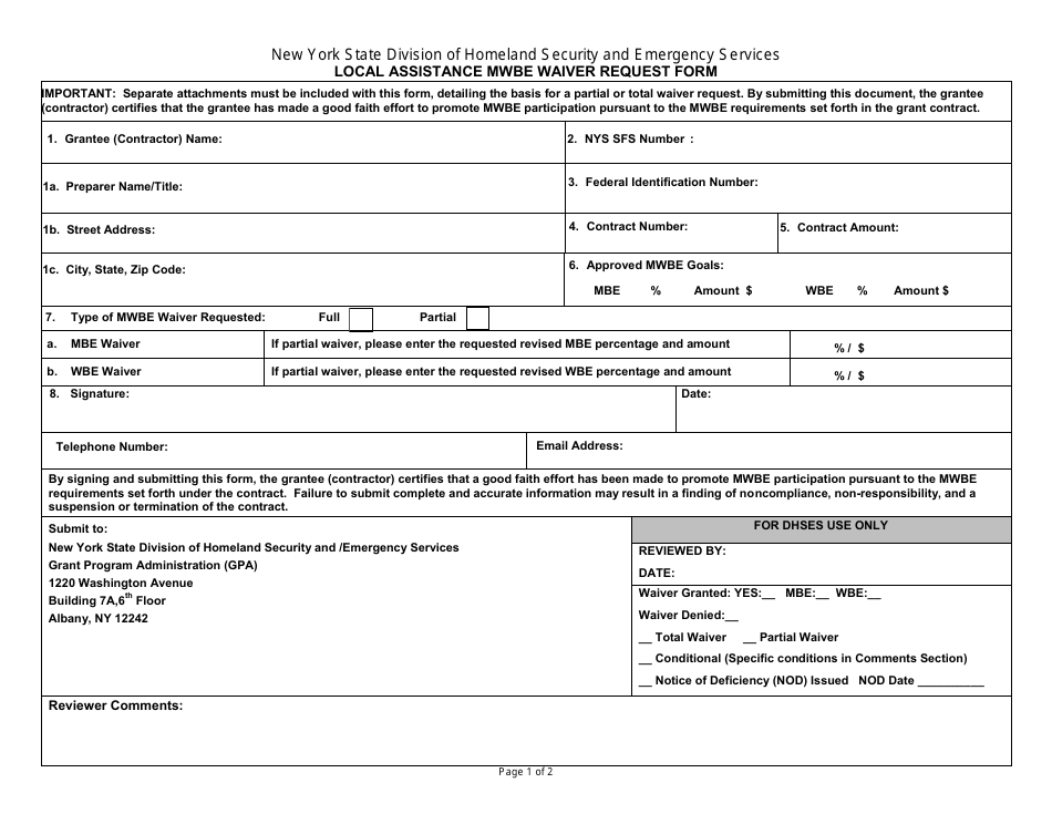 Local Assistance Mwbe Waiver Request Form - New York, Page 1