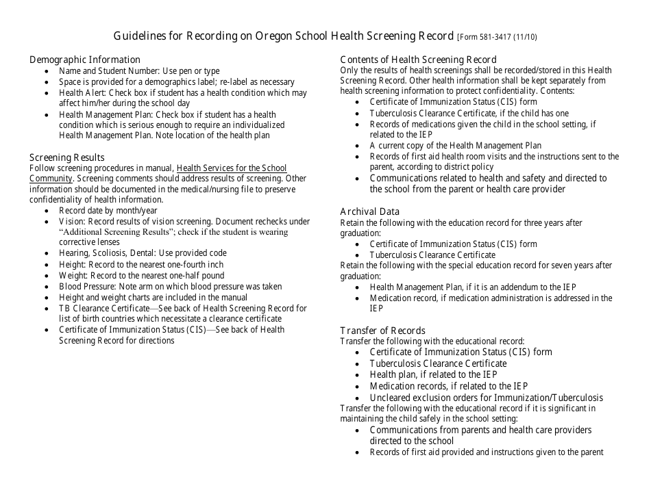 Form 581-3417 Oregon School Health Screening Record - Oregon, Page 3