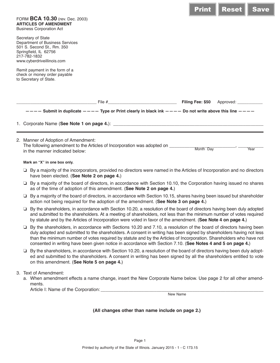 Form BCA10.30 Articles of Amendment - Illinois, Page 1