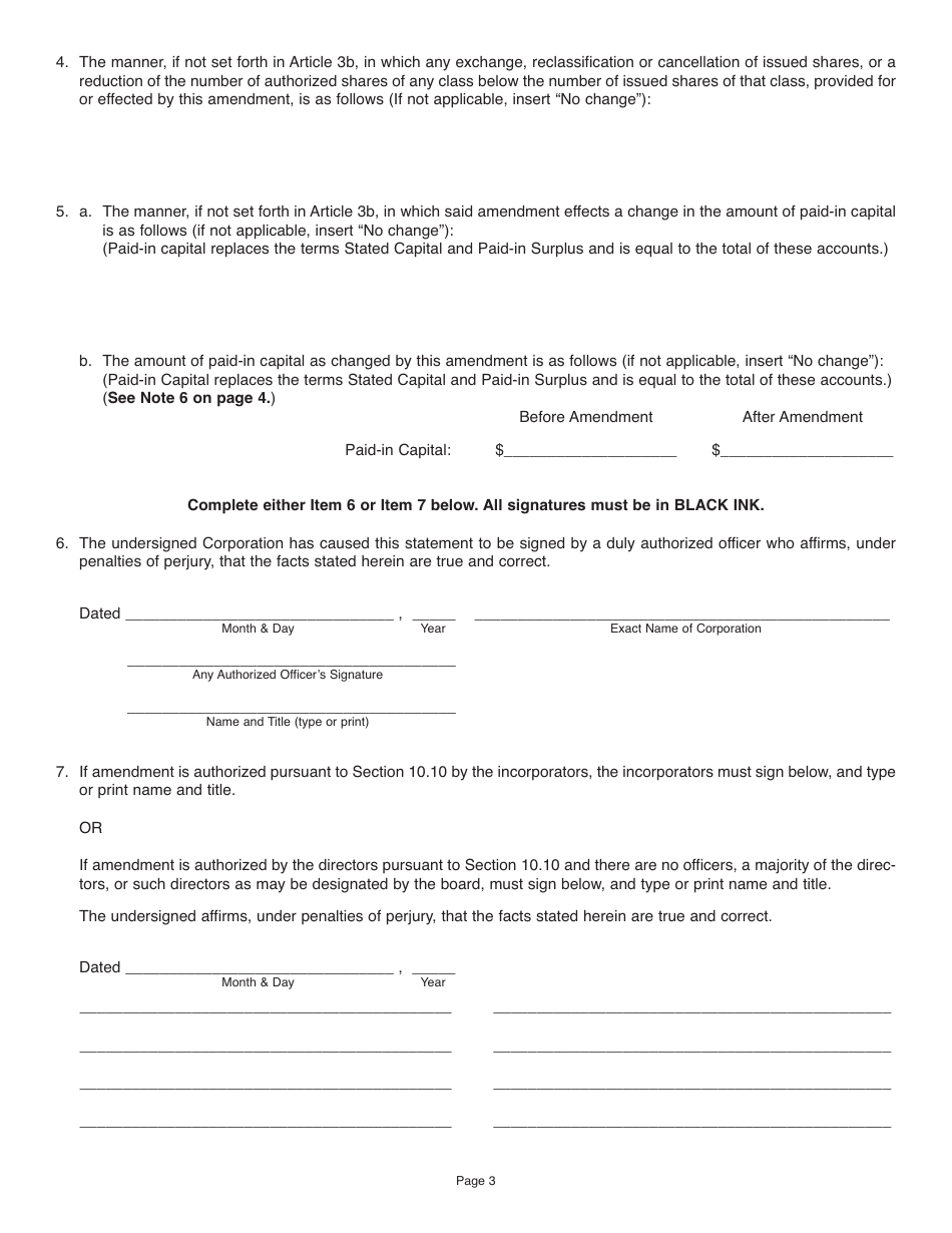 Form BCA10.30 Articles of Amendment - Illinois, Page 3