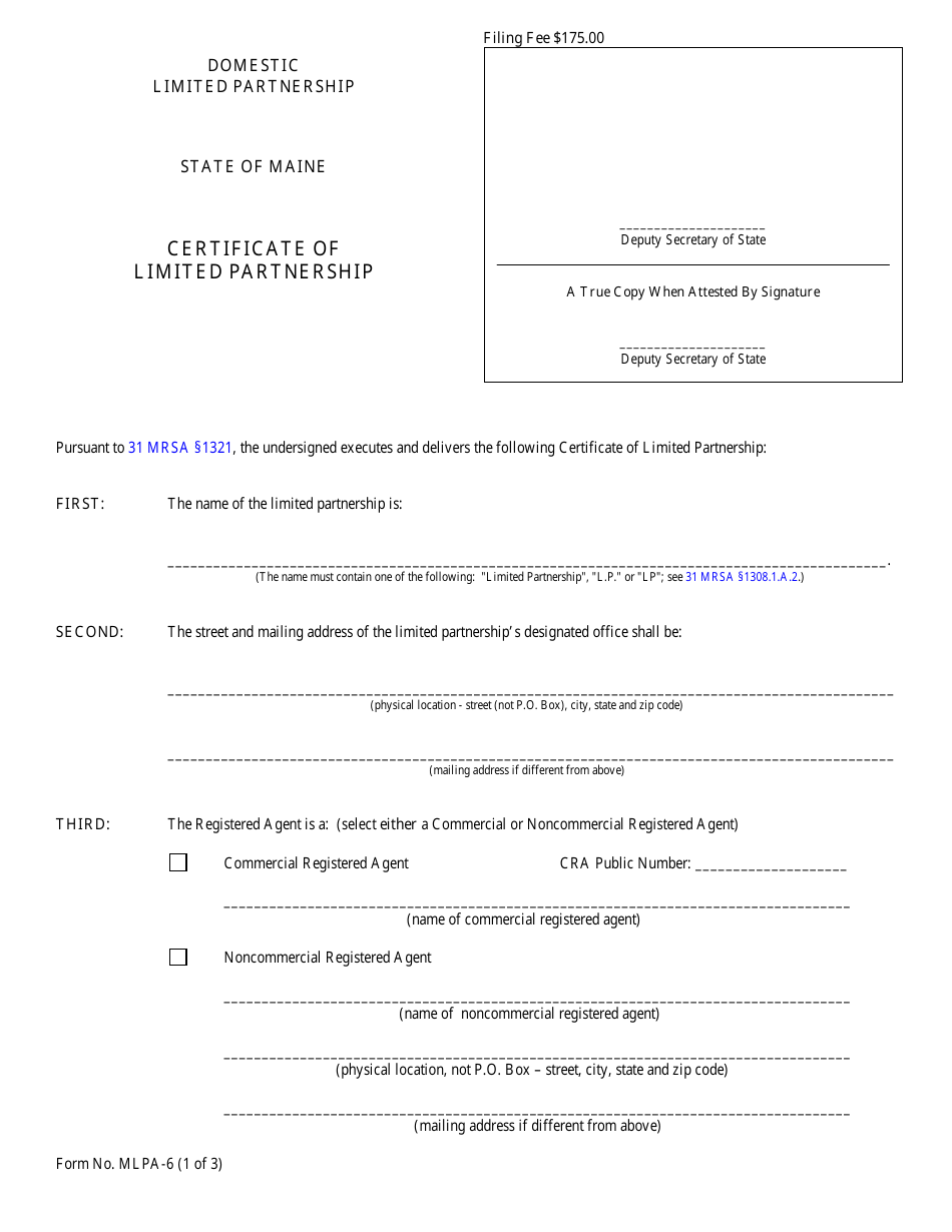 Form MLPA-6 Certificate of Limited Partnership - Maine, Page 1