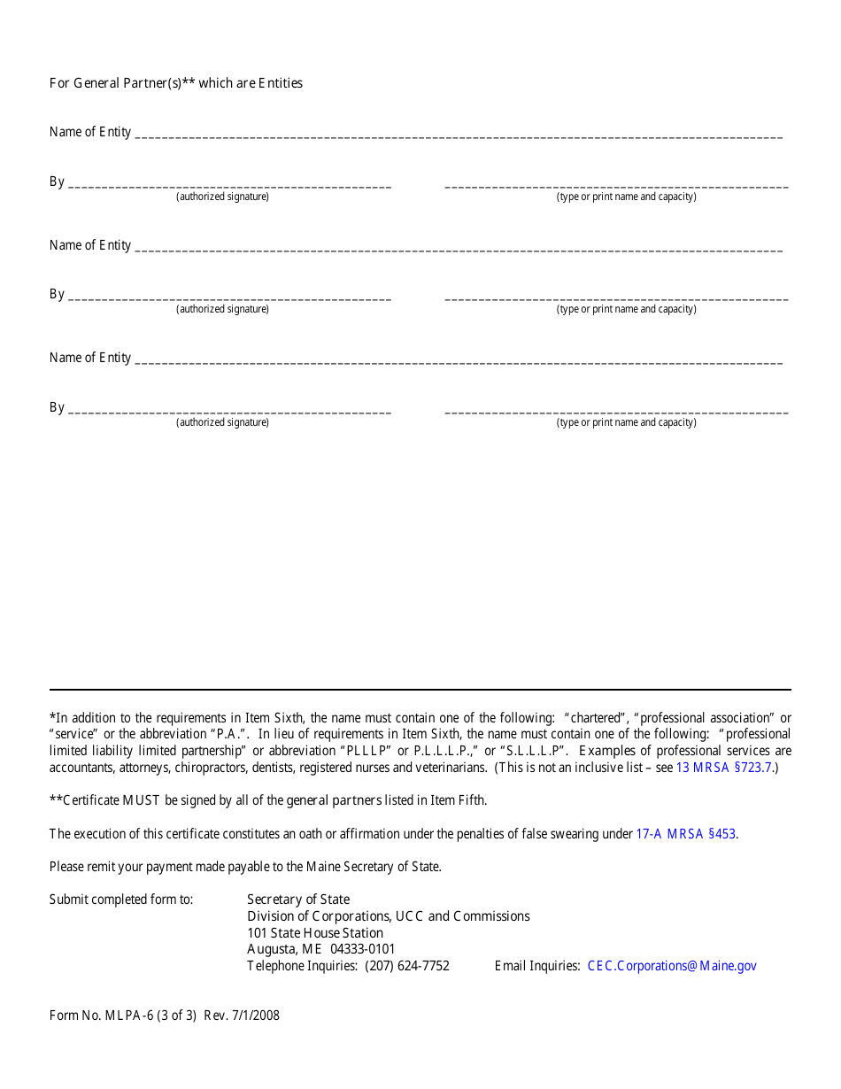 Form MLPA-6 Certificate of Limited Partnership - Maine, Page 3