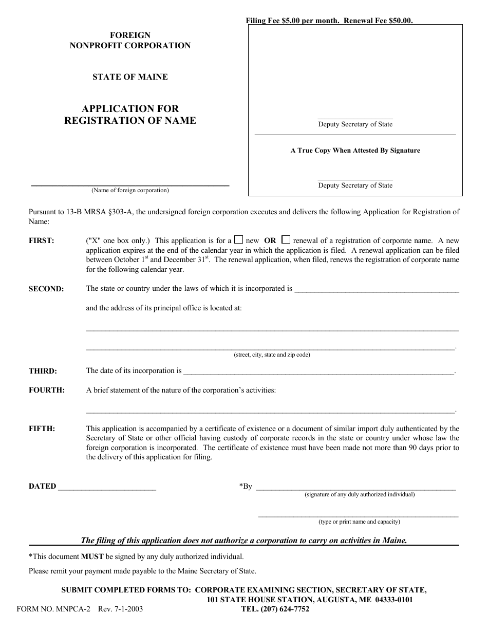 Form MNPCA-2 Application for Registration of Name - Maine, Page 1