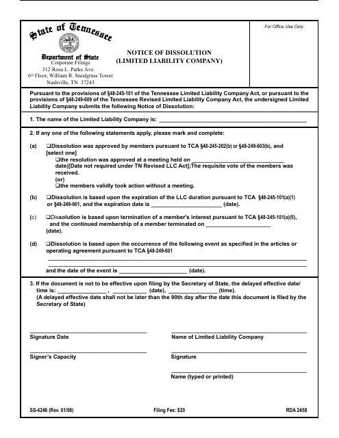 Form SS-4246 Notice of Dissolution (Limited Liability Company) - Tennessee