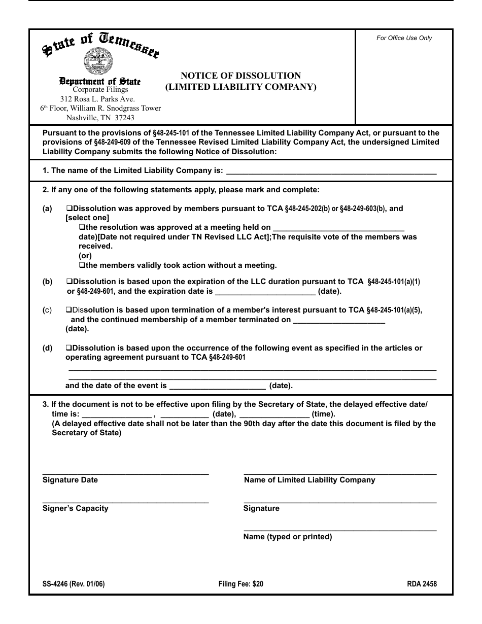 Form SS-4246 Notice of Dissolution (Limited Liability Company) - Tennessee, Page 1