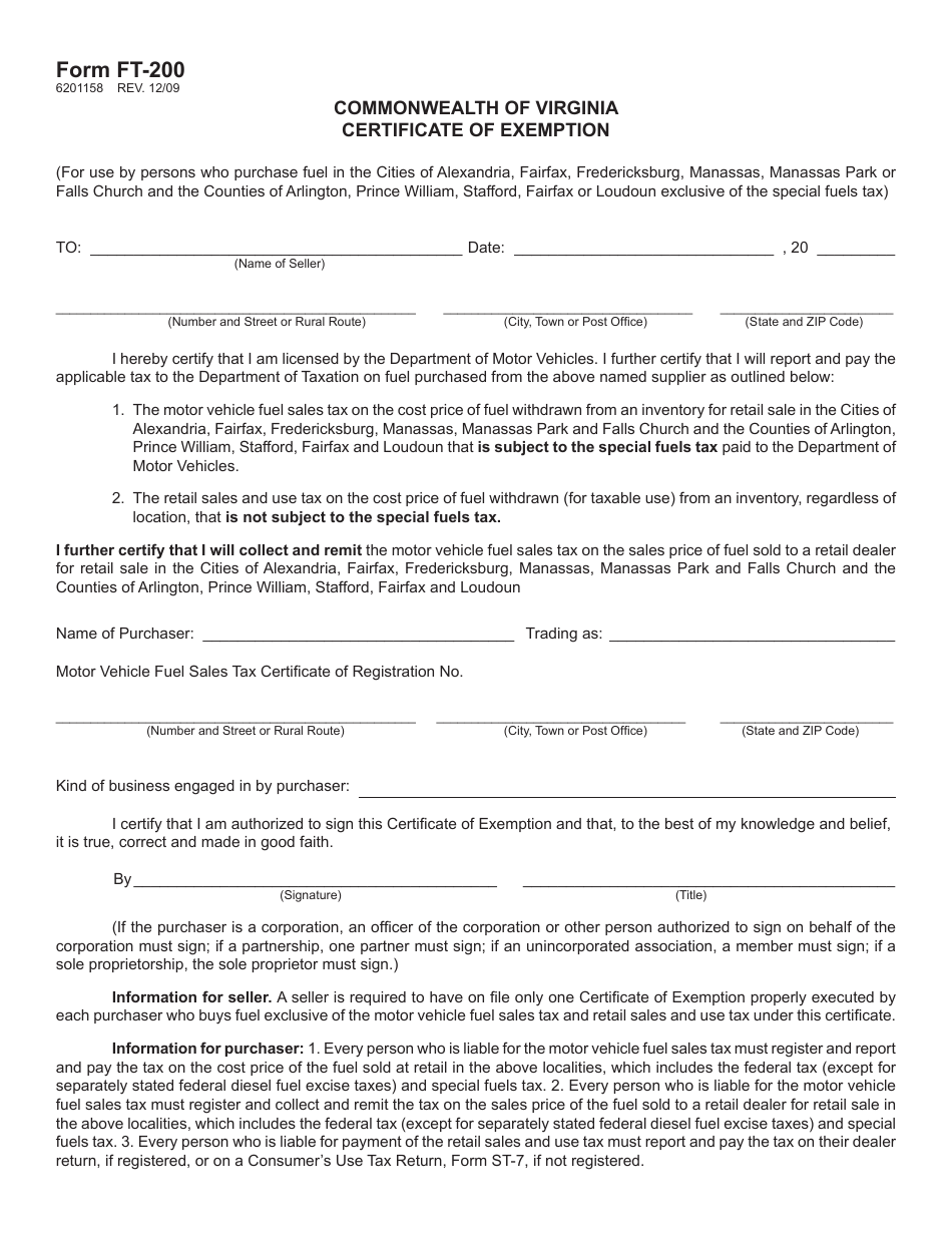 Form FT-200 Certificate of Exemption - Virginia, Page 1