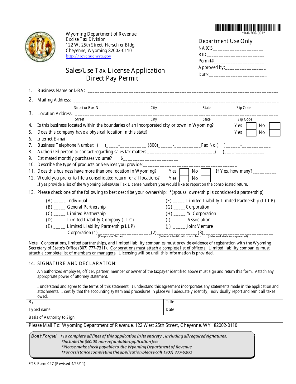 ETS Form 027 Sales Use Tax License Application Direct Pay Permit - Wyoming, Page 1