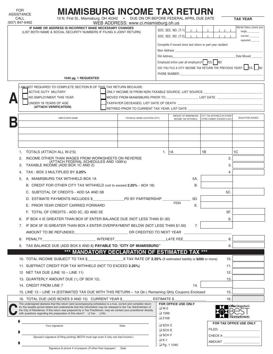Form MQ-1 Miamisburg Income Tax Return - City of Miamisburg, Ohio, Page 1