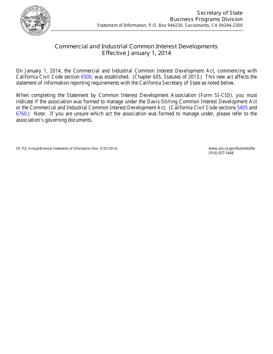 Form si-cid Statement by Common Interest Development Association - California, Page 1
