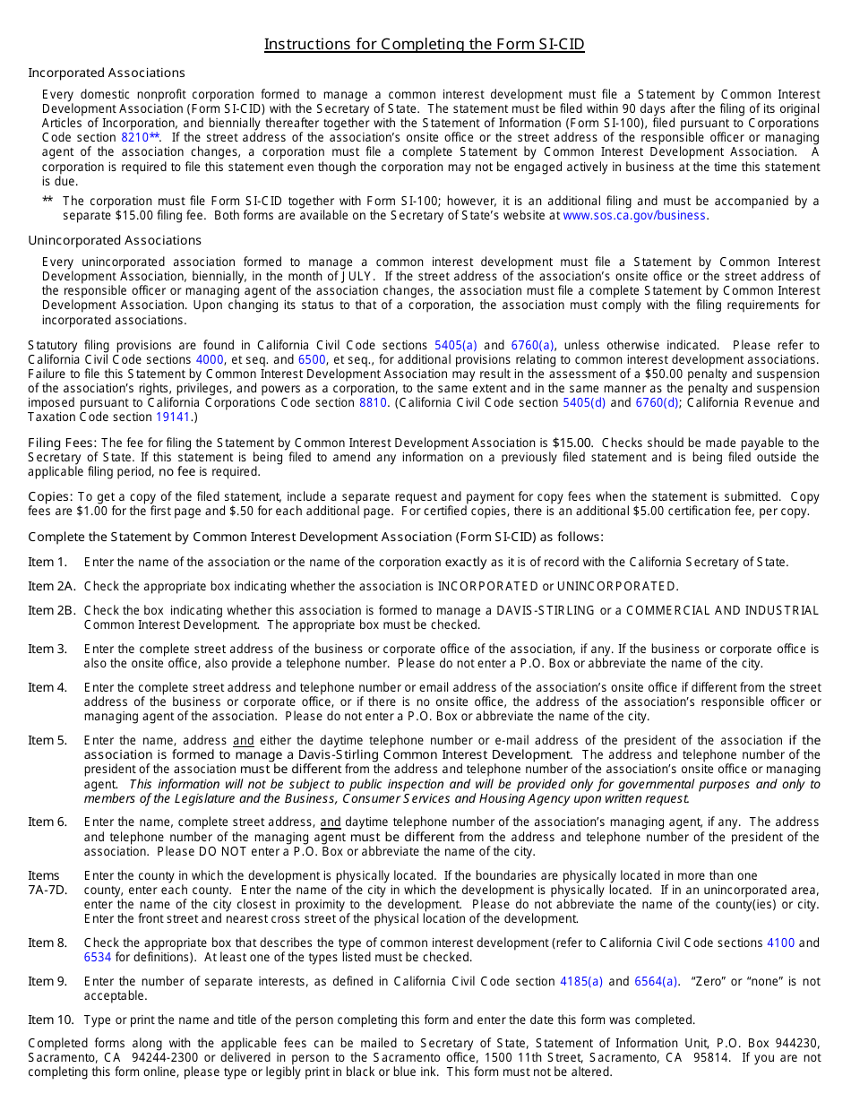 Form si-cid Statement by Common Interest Development Association - California, Page 2