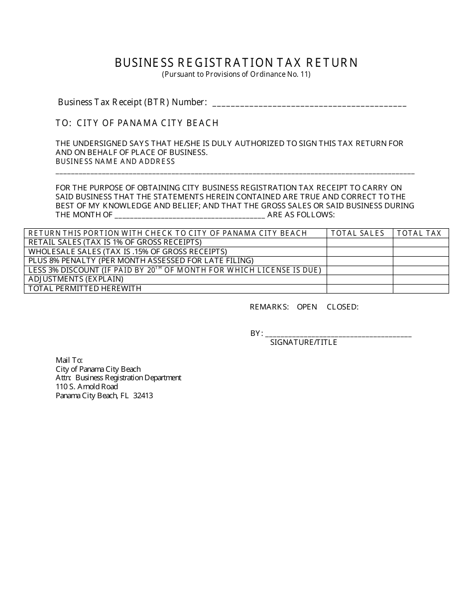 City of Panama City Beach, Florida Business Registration Tax Return Form Fill Out, Sign Online