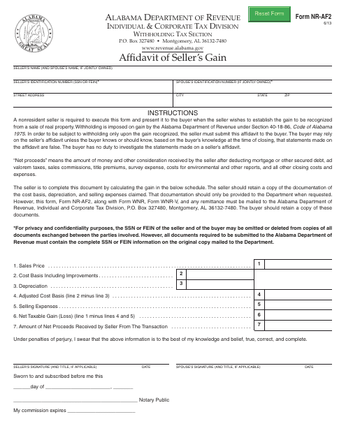 Form NR-AF2 Affidavit of Seller's Gain - Alabama
