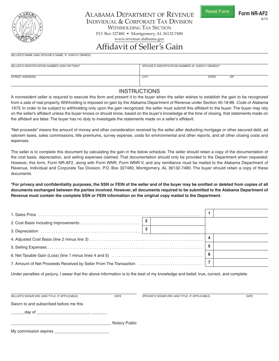 Form NR-AF2 Affidavit of Sellers Gain - Alabama, Page 1