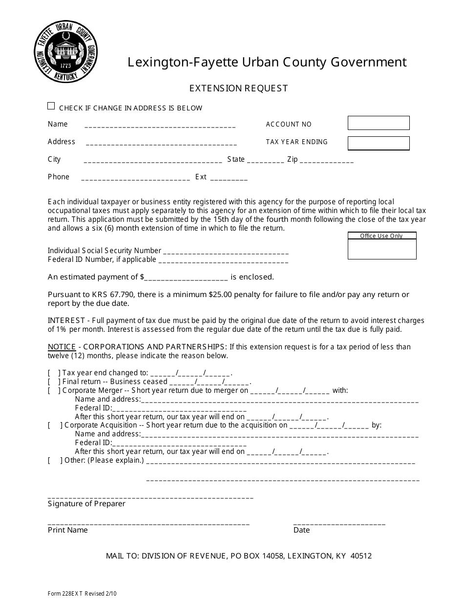 Form 228ext Extension Request - City of Lexington, Kentucky, Page 1
