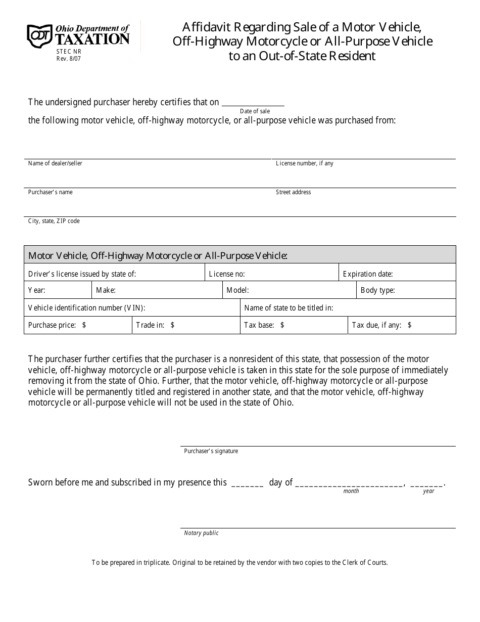Form stec nr Affidavit Regarding Sale of a Motor Vehicle, Off-Highway Motorcycle or All-purpose Vehicle to an Out-of-State Resident Vehicle, Off-Highway Motorcycle or All-purpose Vehicle to an Out-of-State Resident - Ohio, Page 1