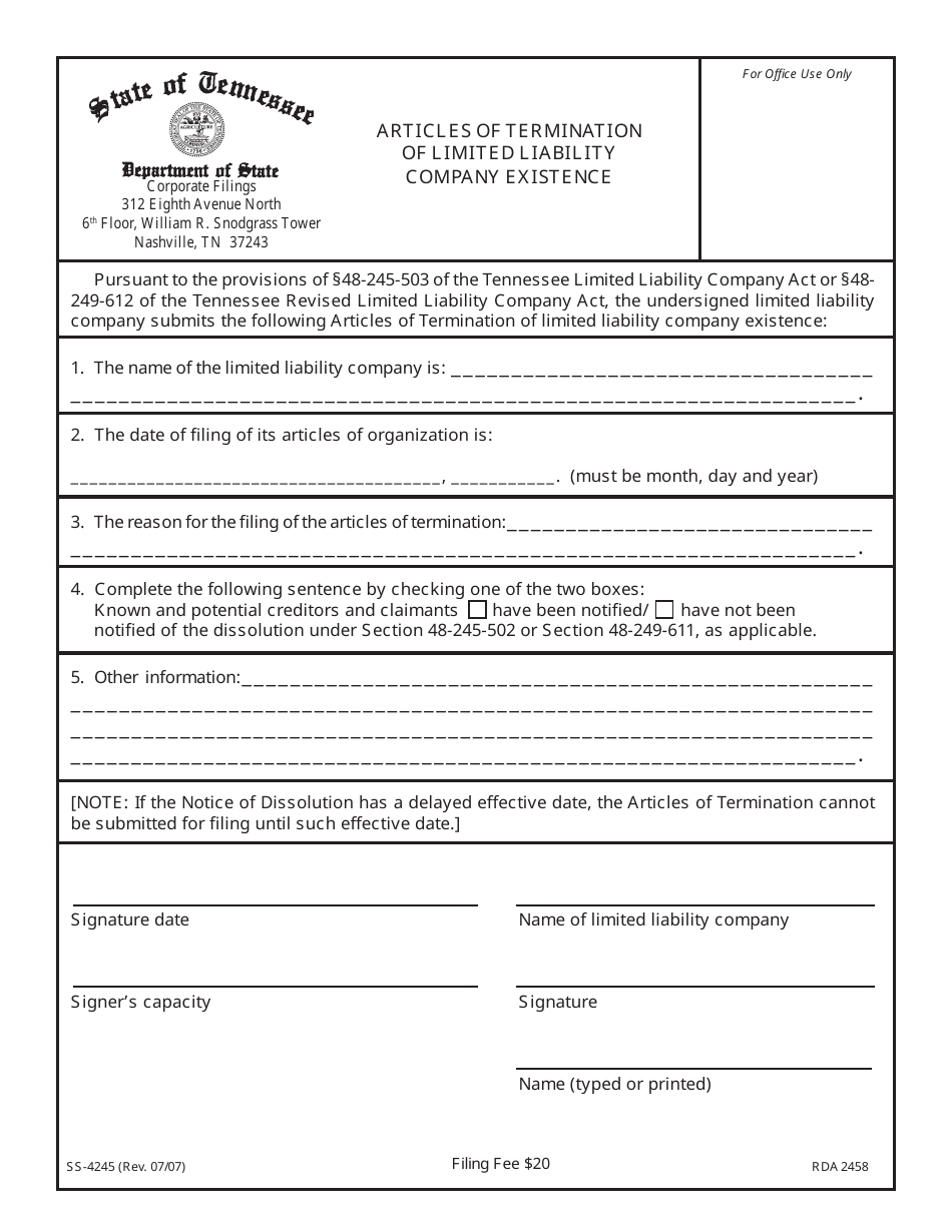 Form SS-4245 Articles of Termination of Limited Liability Company Existence - Tennessee, Page 1