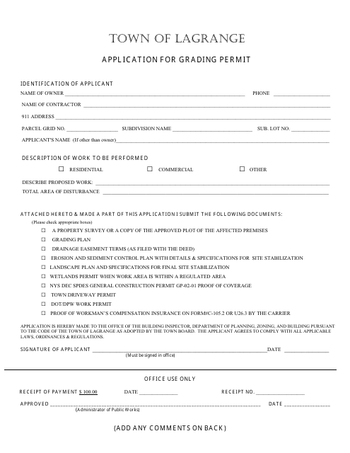 Application for Grading Permit - Town of LaGrange, New York