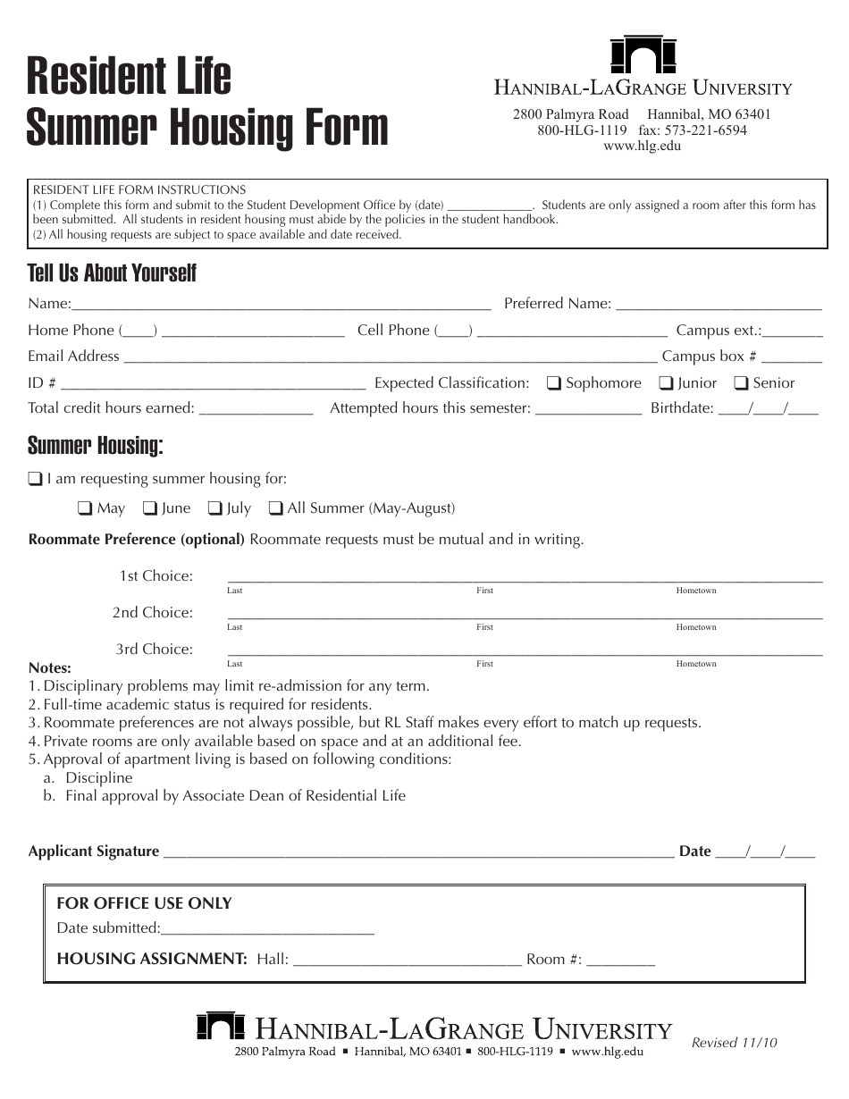 Resident Life Summer Housing Form - Hannibal-Lagrange University, Page 1