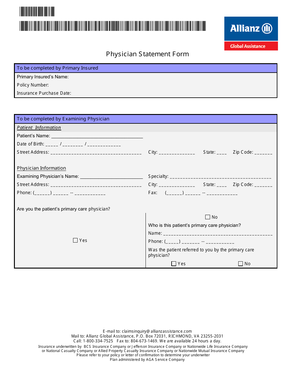Physician Statement Form - Allianz Global Assistance, Page 1