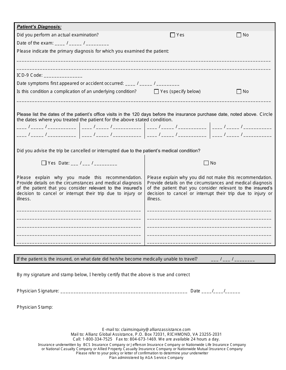 Physician Statement Form Allianz Global Assistance Fill Out Sign Online And Download Pdf 2257