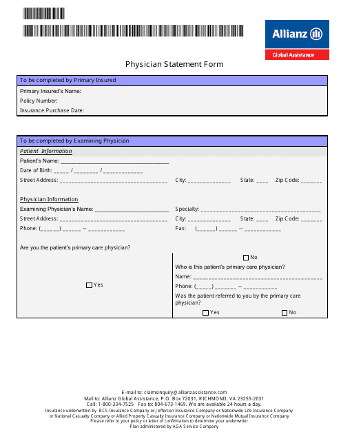 Physician Statement Form - Allianz Global Assistance Download Pdf