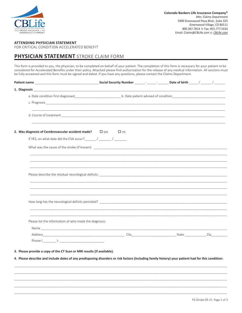Physician Statement Stroke Claim Form - Cblife, Page 1
