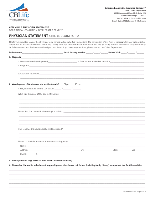 &quot;Physician Statement Stroke Claim Form - Cblife&quot; Download Pdf