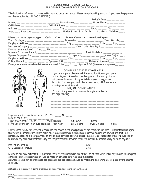 Patient Intake Form Lagrange Clinic Of Chiropractic Download 