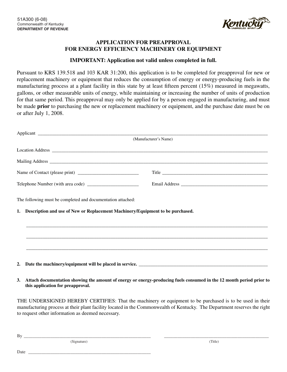 Form 51A300 Application for Preapproval for Energy Efficiency Machinery or Equipment - Kentucky, Page 1