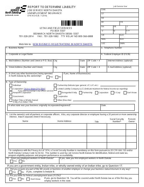 Form SFN41216 Report to Determine Liability - North Dakota