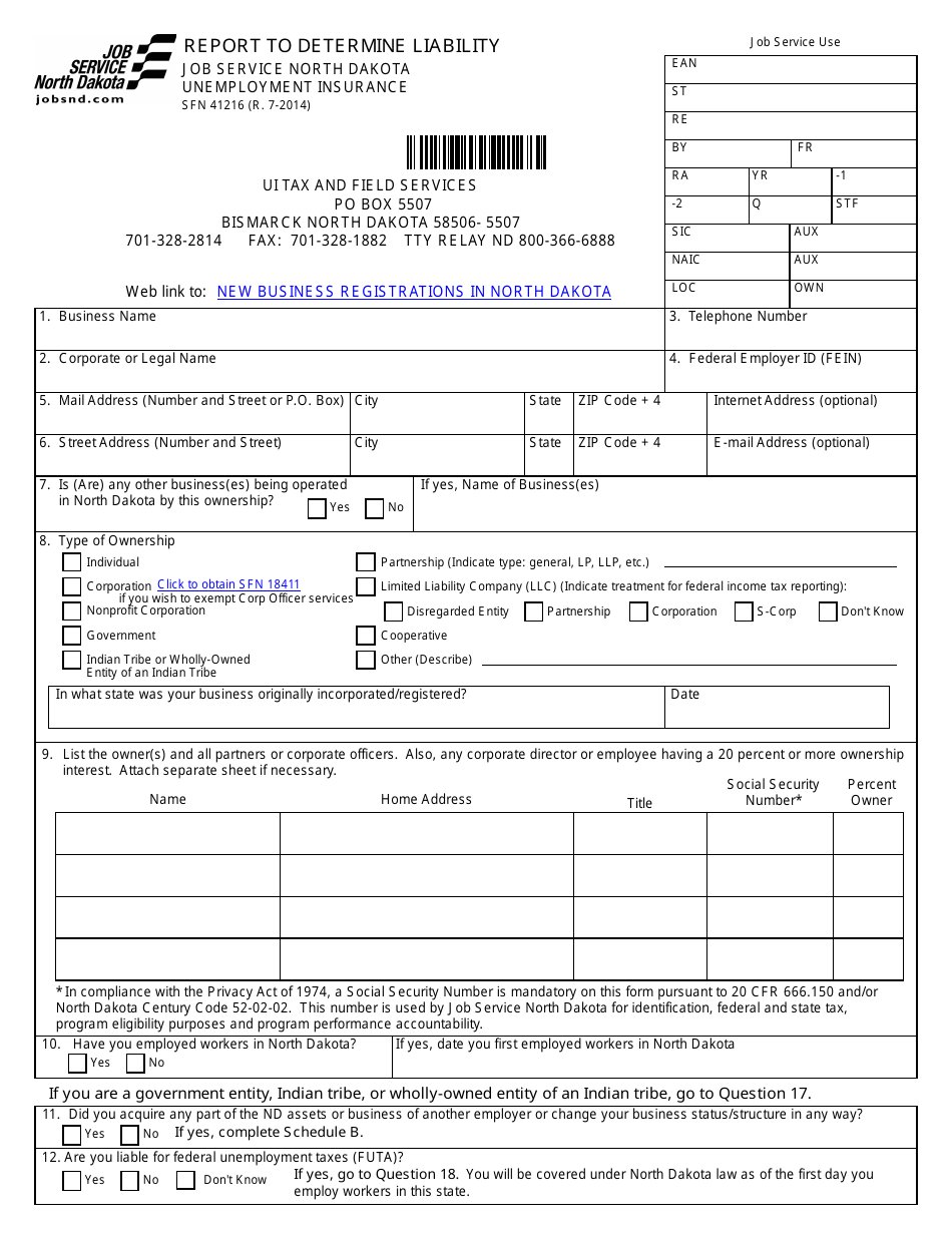 Form SFN41216 Report to Determine Liability - North Dakota, Page 1