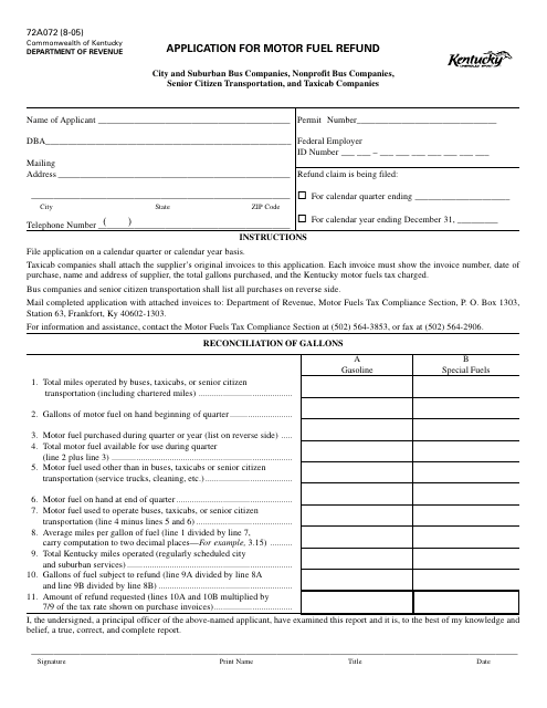 Form 72A072 Application for Motor Fuel Refund - Kentucky