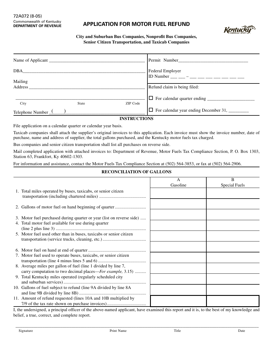 Form 72A072 Application for Motor Fuel Refund - Kentucky, Page 1