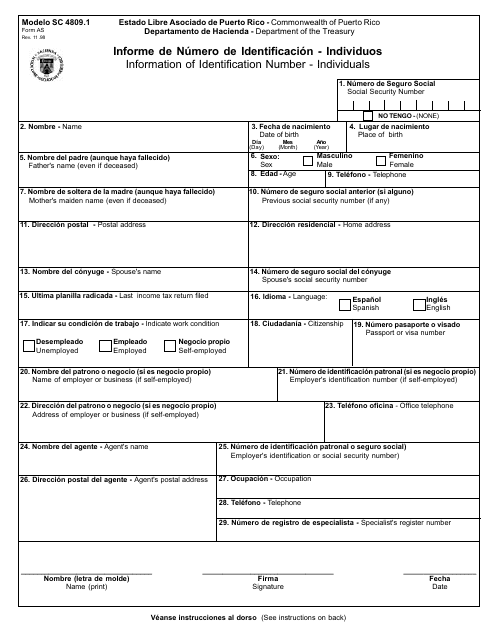 Form SC4809.1 Information of Identification Number - Individuals - Puerto Rico (English/Spanish)