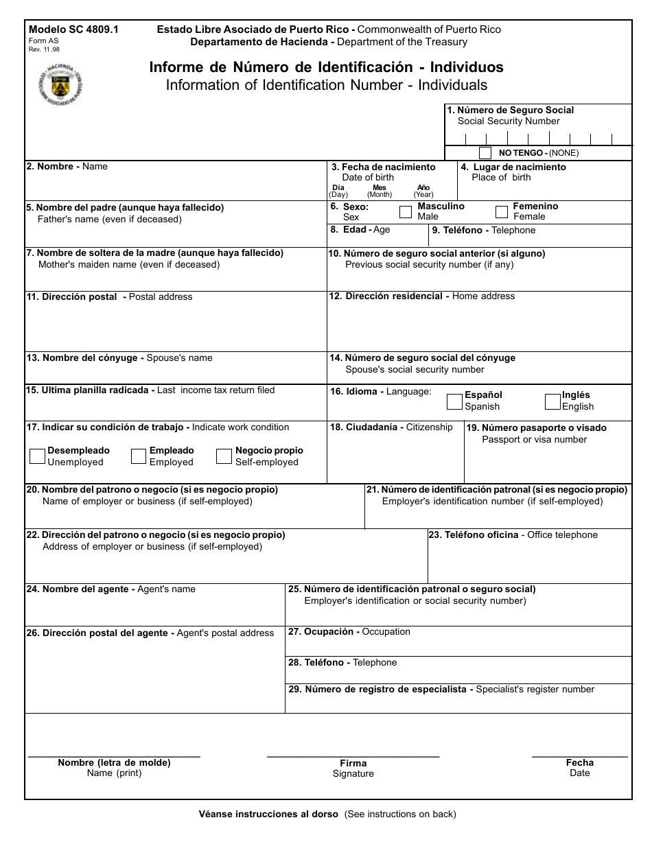 Form SC4809.1 Information of Identification Number - Individuals - Puerto Rico (English / Spanish), Page 1